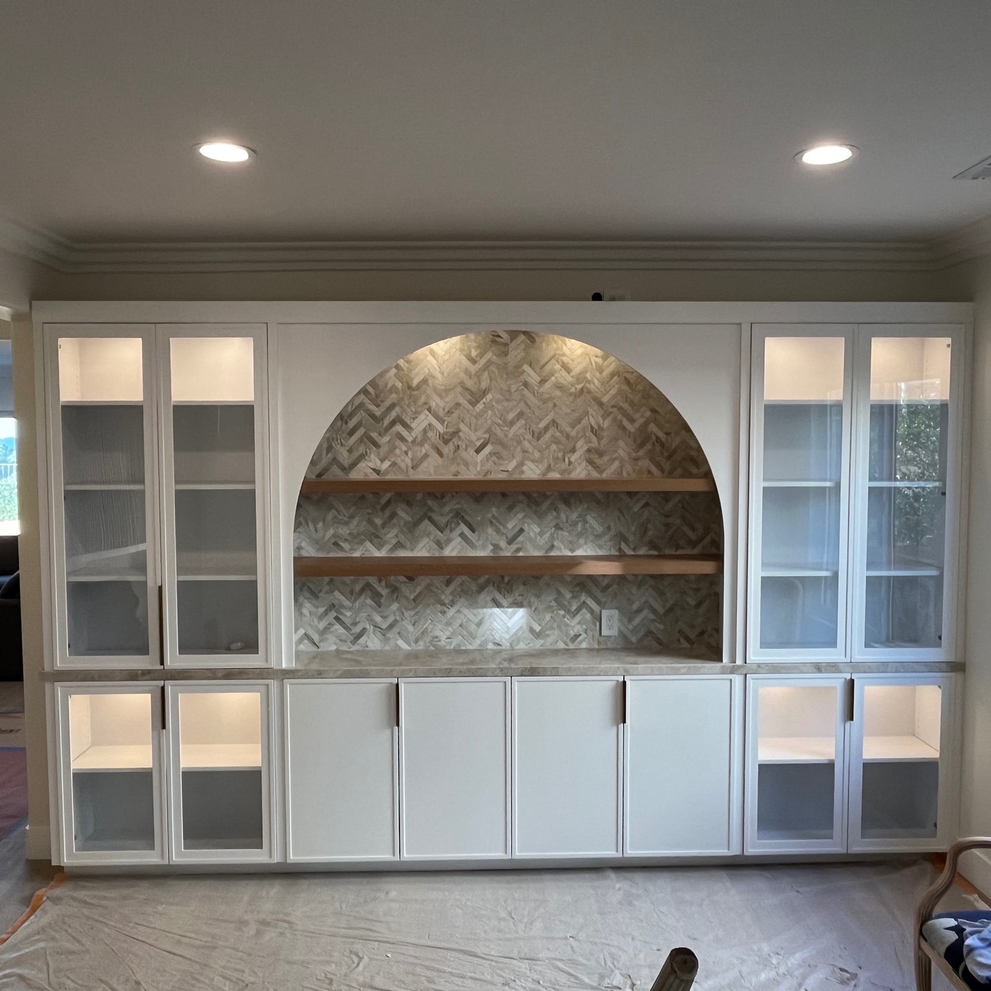 Featured image for “Custom Wall Unit: Slim Shaker Doors, Paint Grade with Rift White Oak Shelves”